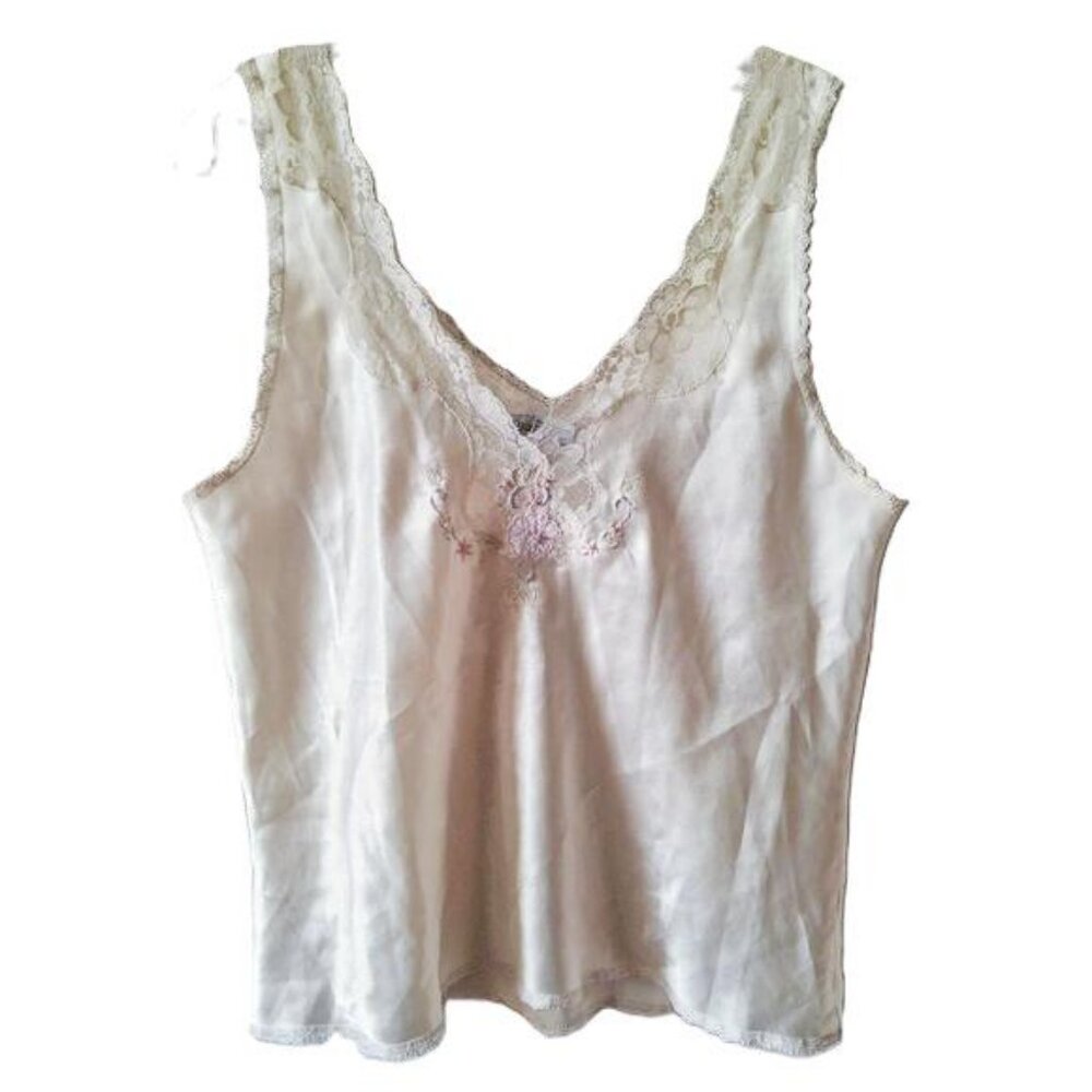 Vintage Satin Lace-Trimmed Cream Camisole M